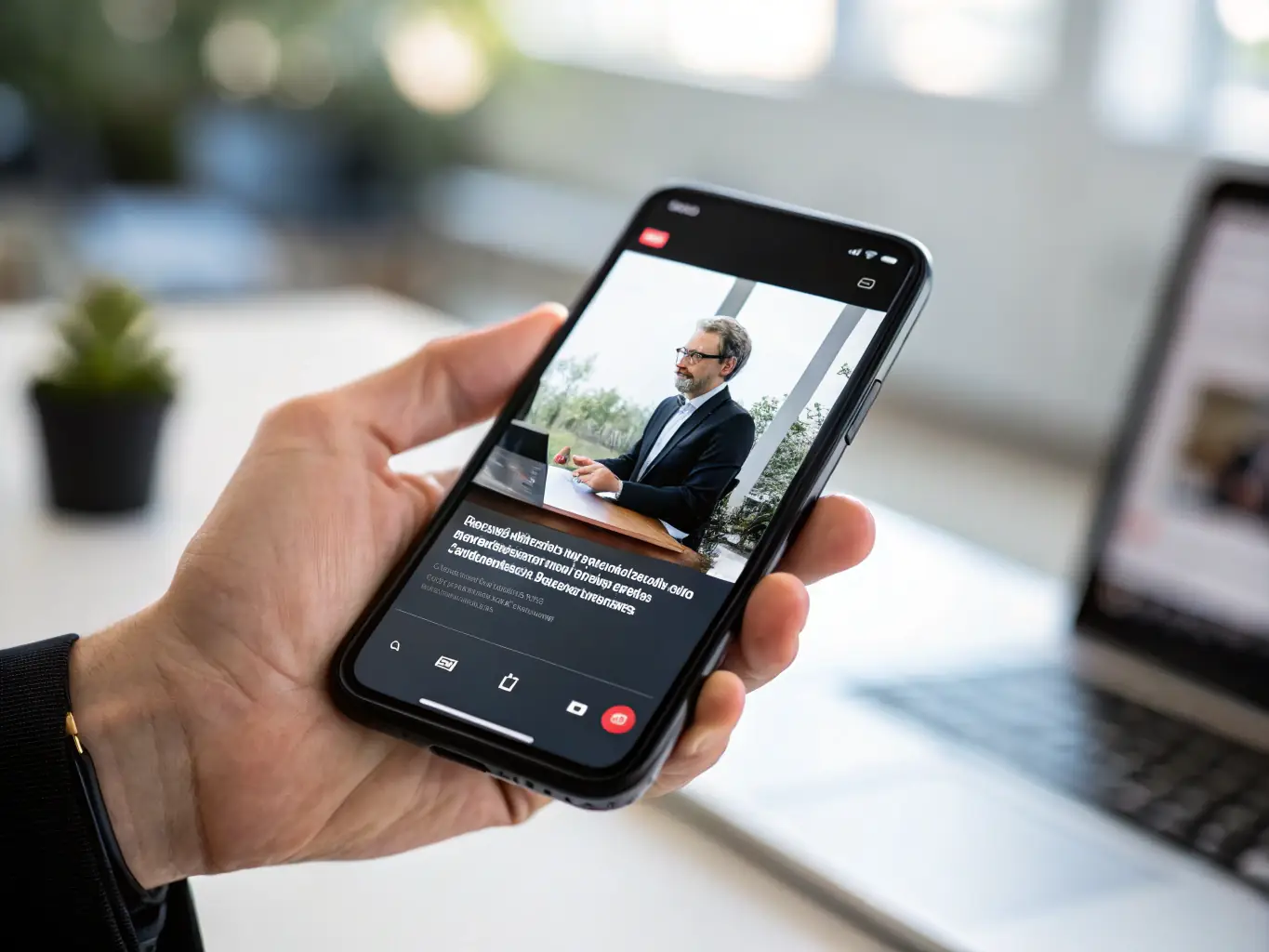 A digital business card on a smartphone displaying a video introduction of the card owner, highlighting the multimedia integration capabilities of Aven-app.us.