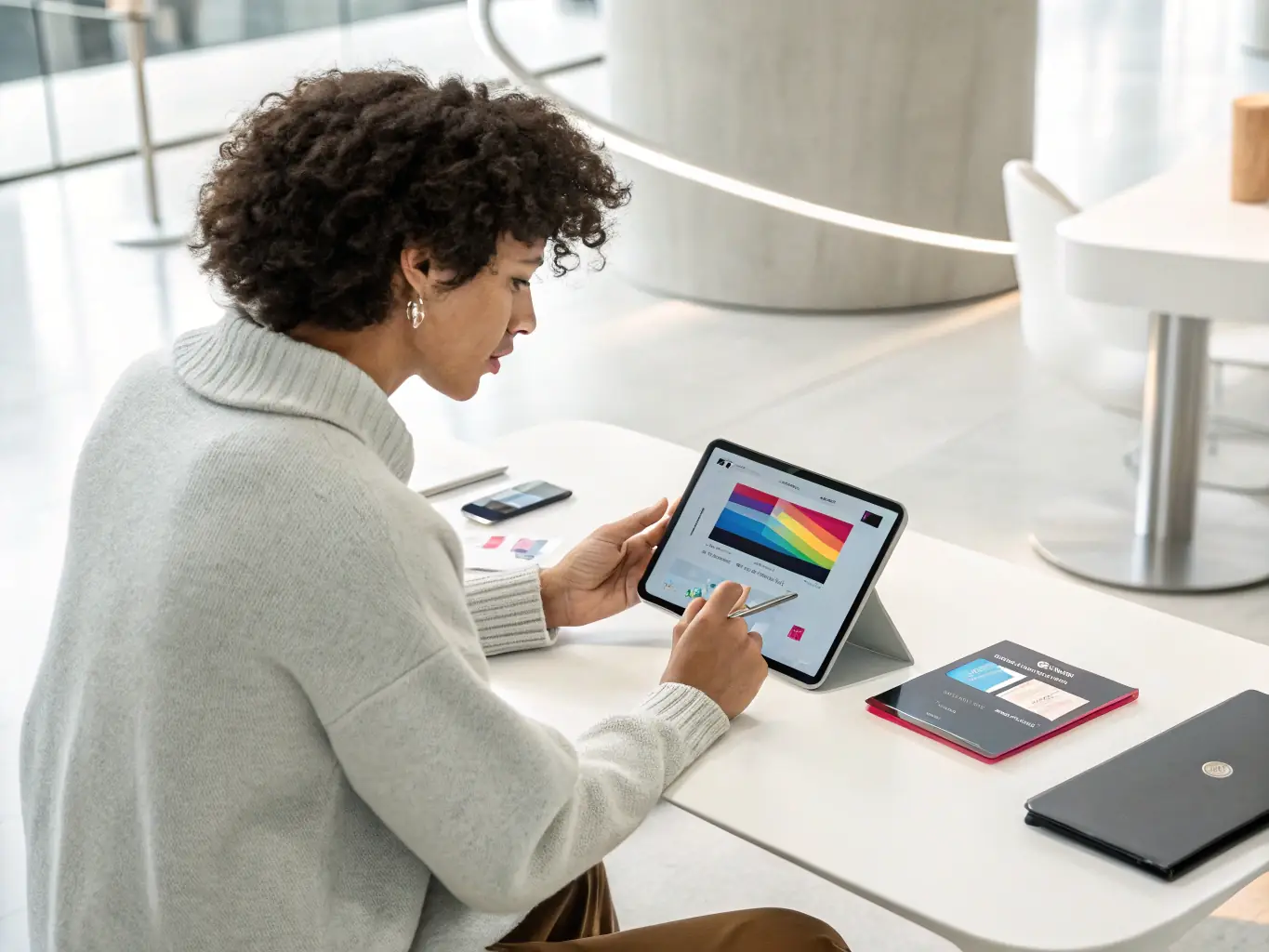 A person using the Aven-app.us platform on a tablet to customize the design of their digital business card, showcasing the drag-and-drop interface and various design options.