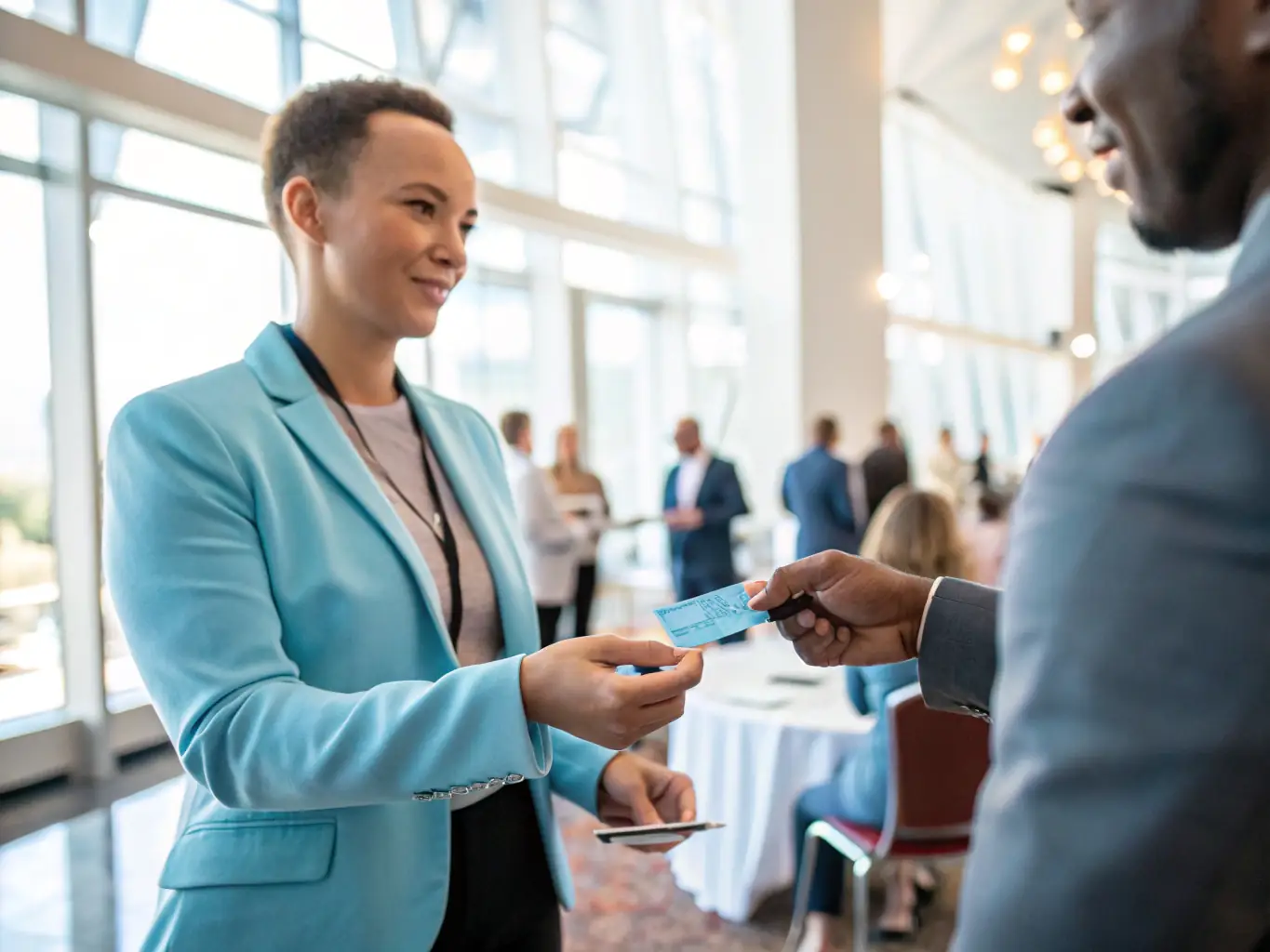 A professional confidently sharing their Aven-app.us digital business card via smartphone at a networking event, showcasing its dynamic and interactive features.